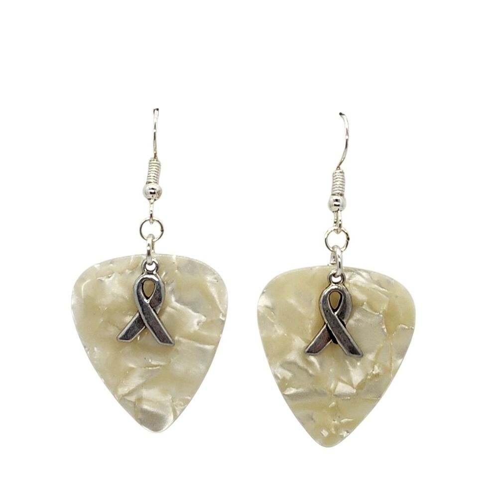 Cancer Aware Sm Ribbon Charm Guitar Pick Earrings - Choose Color - Handmade USA